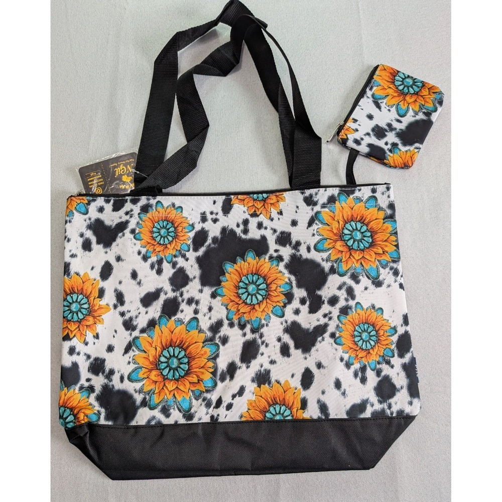 N Gil Tote Bag Women Large Black White NWT Western Cow Print Sunflower Set